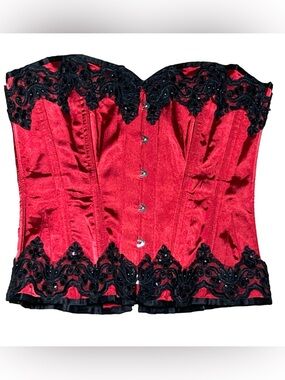 FOX & ROYAL RED BLACK ROCOCO EMBROIDERED LACE UP HOOK SATIN CORSET BUSTIER 32